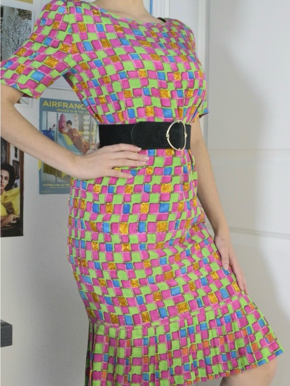 Bill Blass 80s Silk Beaded midi Dress in Pink, Green & Blue